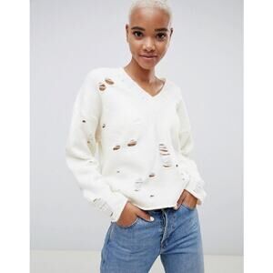 ASOS Sweater Womens 2 Cream Rolled Edge Oversized Distressed Slouchy Knit